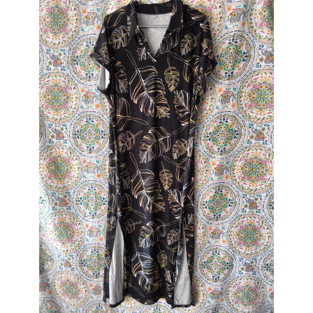 Unbranded Black Leaf Graphic Print Short Sleeve Long Dress Women's Size 2XL